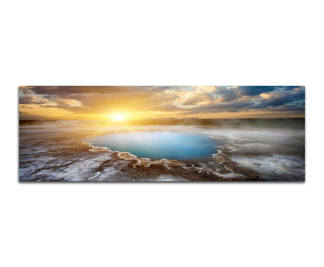 Paul Sinus Art Panoramabild auf Leinwand und Keilrahmen 150x50cm Island Heissquelle Wolken Sonnenunt