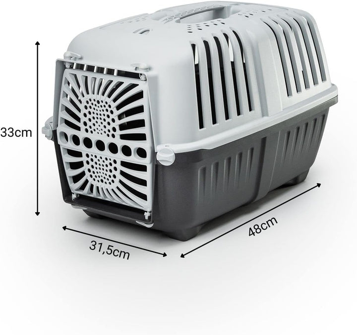 lionto Tiertransportbox für Hunde &amp; Katzen, bis 15 kg, 48x31,5x33 cm, Grau | Kunststoffbox aus robus