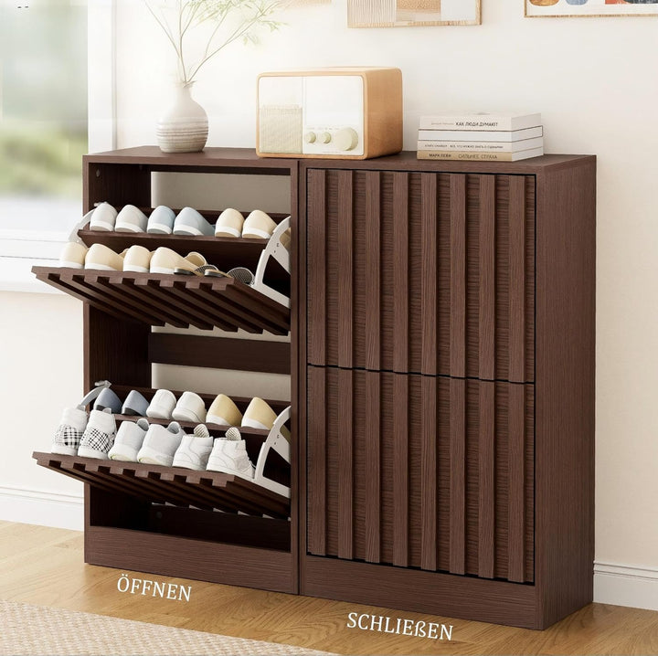 UEV Schuhschrank mit 2 Klappen Schmal Holz Schuhkipper Schuhkommode mit Kippschutz, Schuhaufbewahrun
