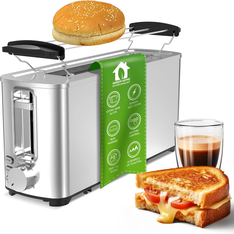 TurboTronic TT-BF14 Edelstahl Toaster mit extra langem Brot-Schlitz Brötchenaufsatz, Krümelschublade