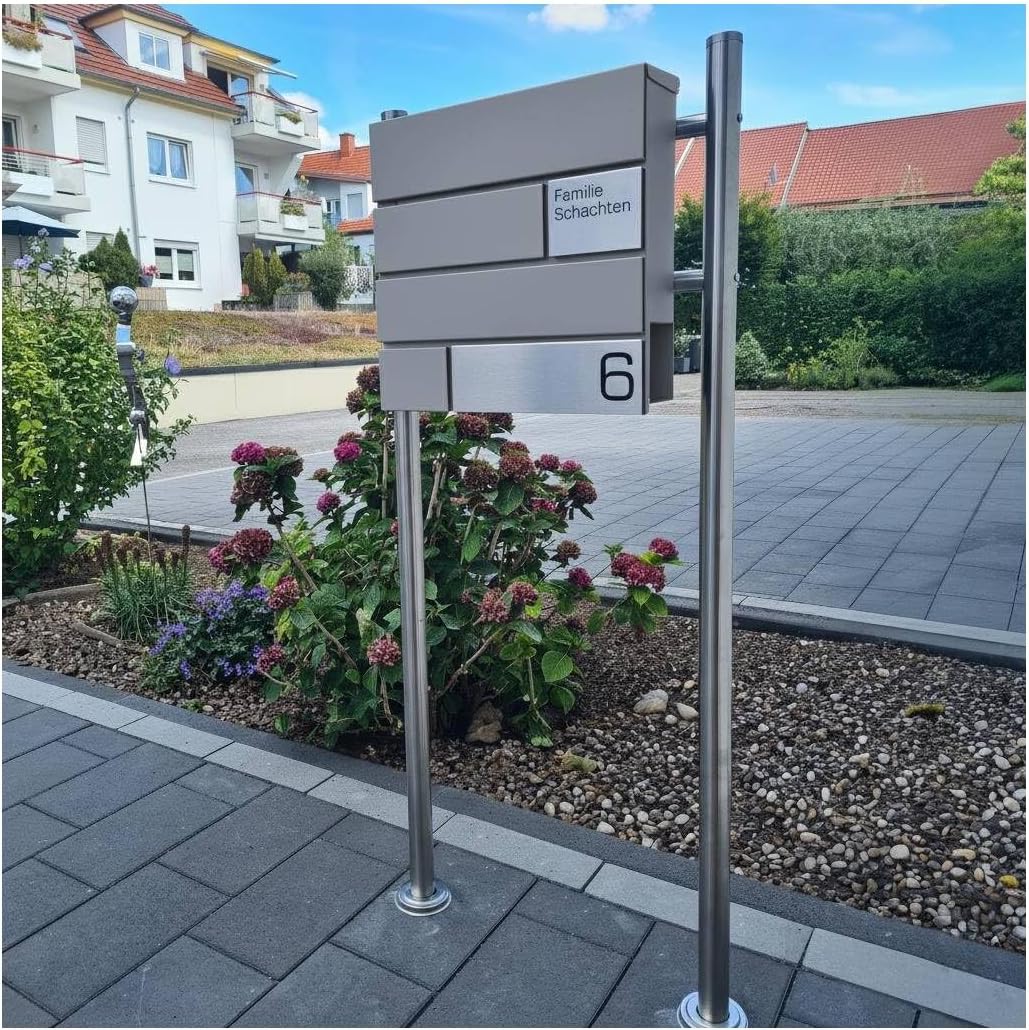 Metzler Standbriefkasten Modell G in Graualuminiummit Edelstahl-Namensschild & Ständer - Pulverbesch