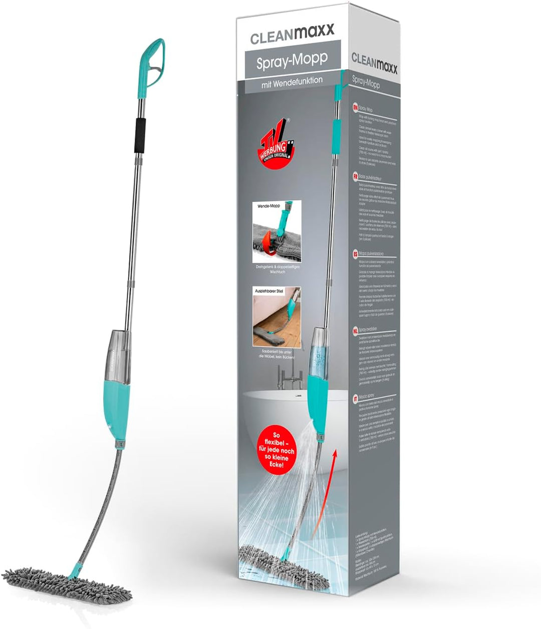 CLEANmaxx Spray-Mopp mit Wendefunktion | Bodenwischer mit Sprühfunktion & flexiblem Teleskopstiel |