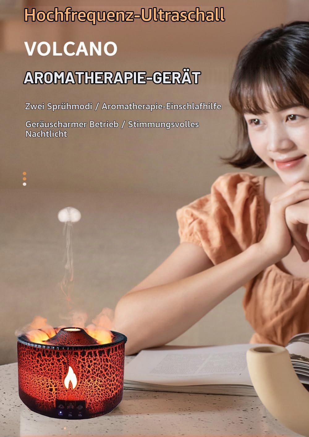 ThreeH Flammen-Vulkan Luftbefeuchter mit Aromadiffusor 2 Nebelmodi 7 Farben LED Für 20m² Räume