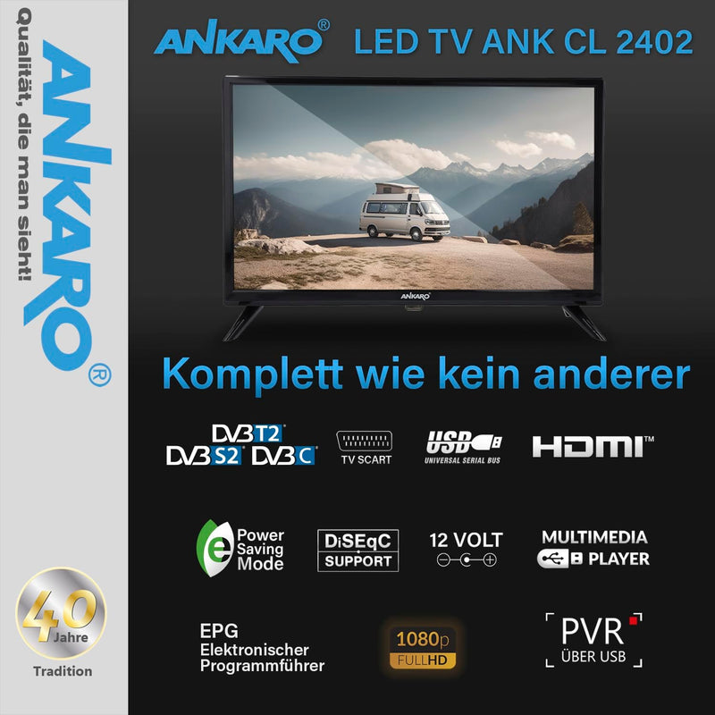 ANKARO ANK CL-2402-24 Zoll LED TV perfekt für Camping - 12V / 230V Betrieb mit Triple Tuner (DVB-S2/