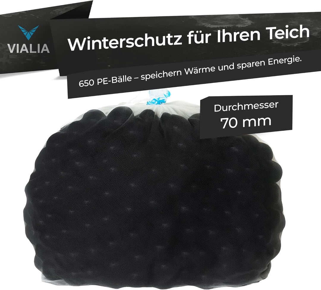 PE Bälle schwarz Ø 70 mm, 650 Stück, ca. 3 m², Teichabdeckung Winter, Schwimmkugeln mit Aufbewahrung