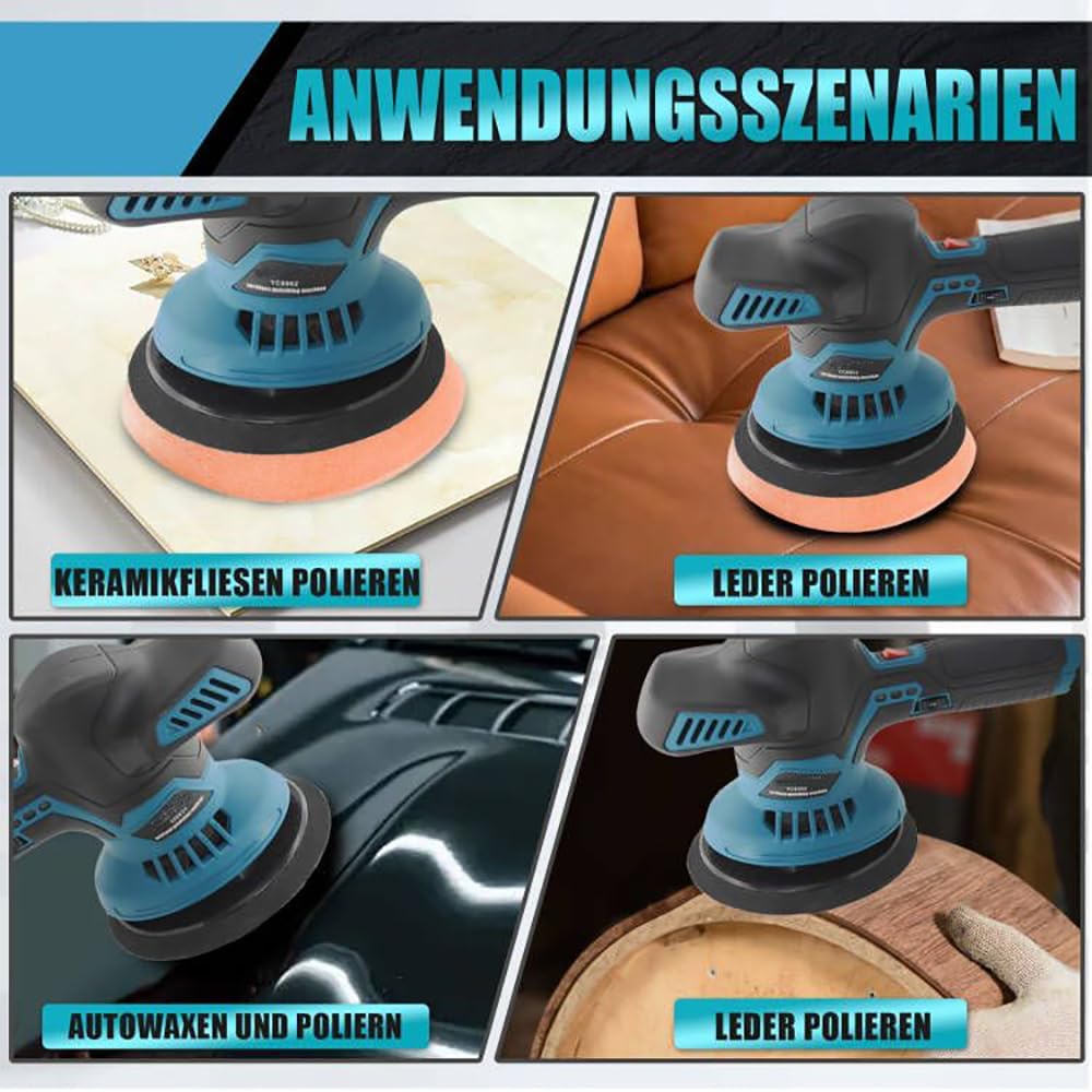 Akku Auto Poliermaschine 12V,Kabelloser Polierer mit 2x 3.0AH Akku,6 Drehzahlregulierung,145mm Polie