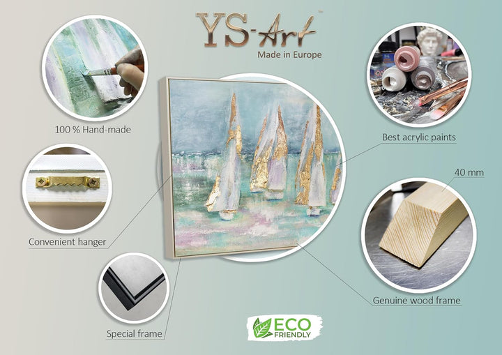 YS-Art Abstrakt Acryl Gemälde auf Leinwand handgemalt Segelboote Wandbilder Wohnzimmer Moderne Blaue