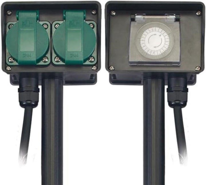 Perel Gartensteckdose, Erdspiess, Timer, 2 Steckdosen Typ E, 2 Klappdeckel, Kabel 1.5 m, 3G1.5, IP44