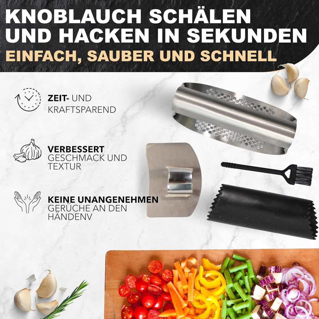 Knoblauchpresse Edelstahl 4-in-1 - Set Garlic Press & Knoblauchschneider mit Silikon-Schäler + Finge