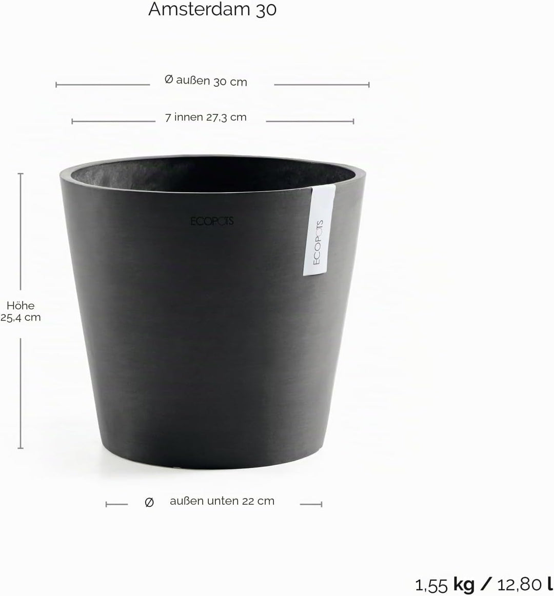 Ecopots Blumentopf Amsterdam Dunkel Grau - Durchmesser Ø 30 cm rund gross - Pflanzentopf aus Recycli