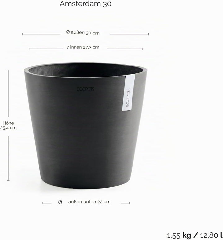 Ecopots Blumentopf Amsterdam Dunkel Grau - Durchmesser Ø 30 cm rund gross - Pflanzentopf aus Recycli