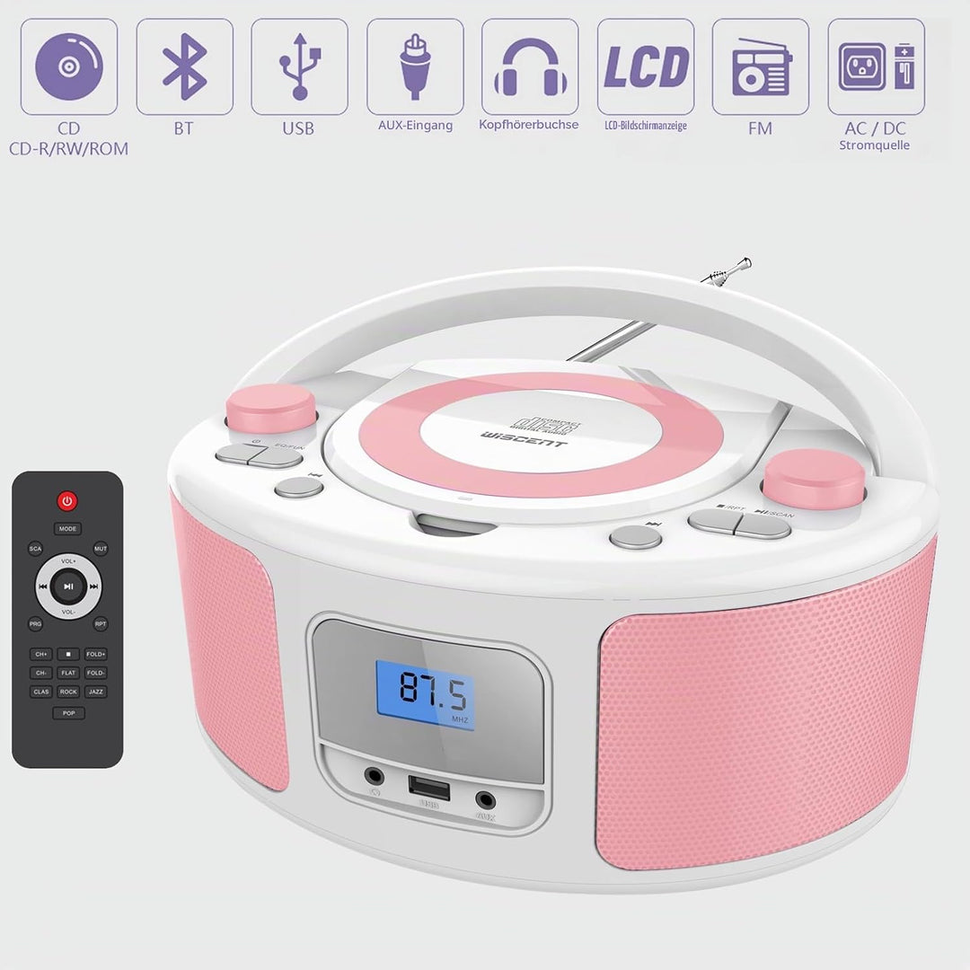 Tragbarer CD-Player Boombox mit Bluetooth | Fernsteuerung | FM-Radio | USB | MP3-Wiedergabe | Kompat