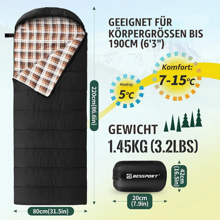 Bessport Schlafsack 7°C – 15°C, 3-Jahreszeiten Schlafsack Ultraleicht Kompakt Leicht Kleines Packmas