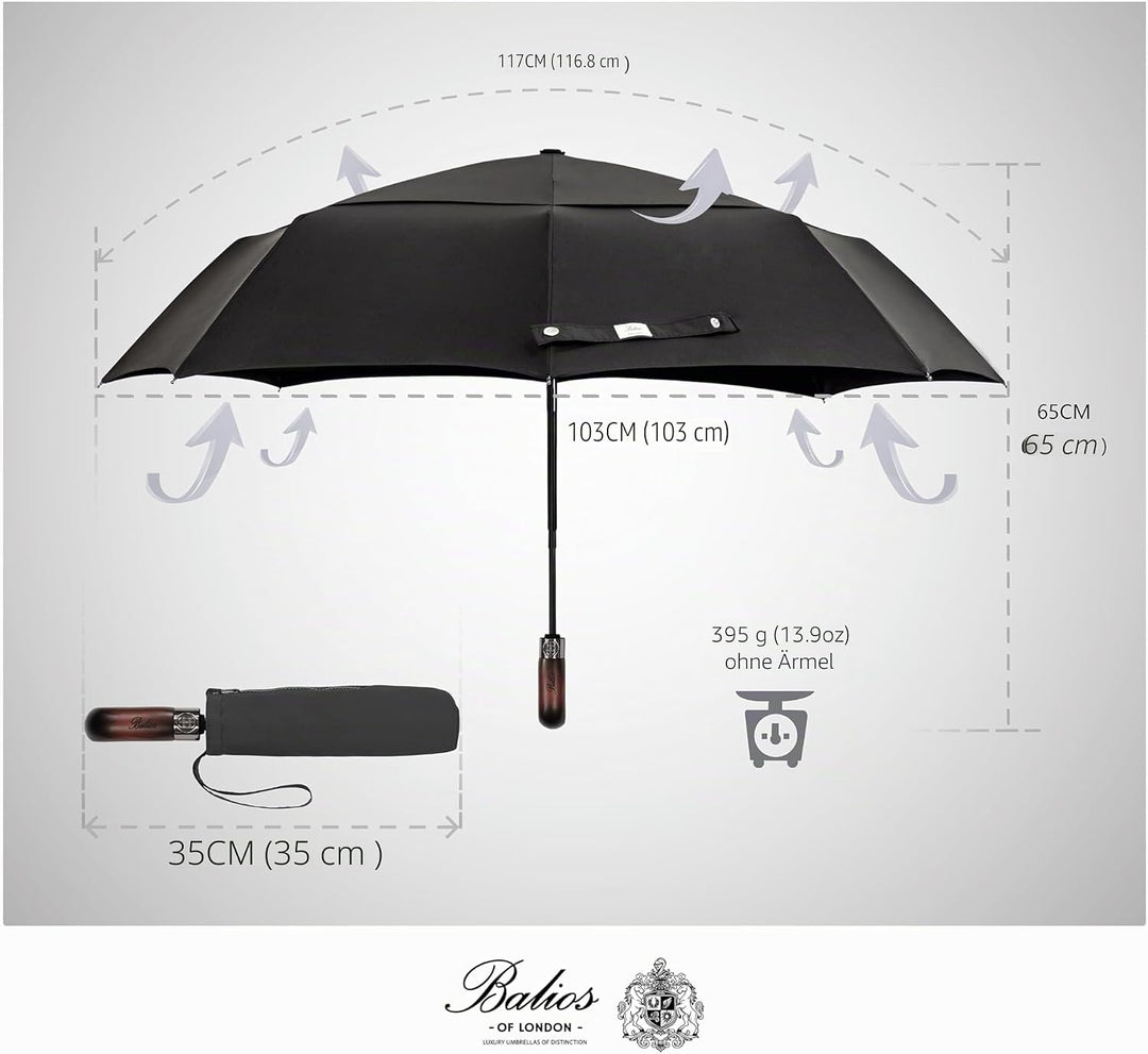 Balios® Regenschirm Mit Echtem Holzgriff -Optional | Auf Zu Automatik | Sturmfest & Windsicher | Tas