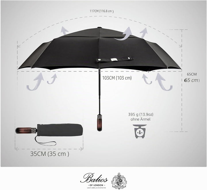 Balios® Regenschirm Mit Echtem Holzgriff -Optional | Auf Zu Automatik | Sturmfest & Windsicher | Tas