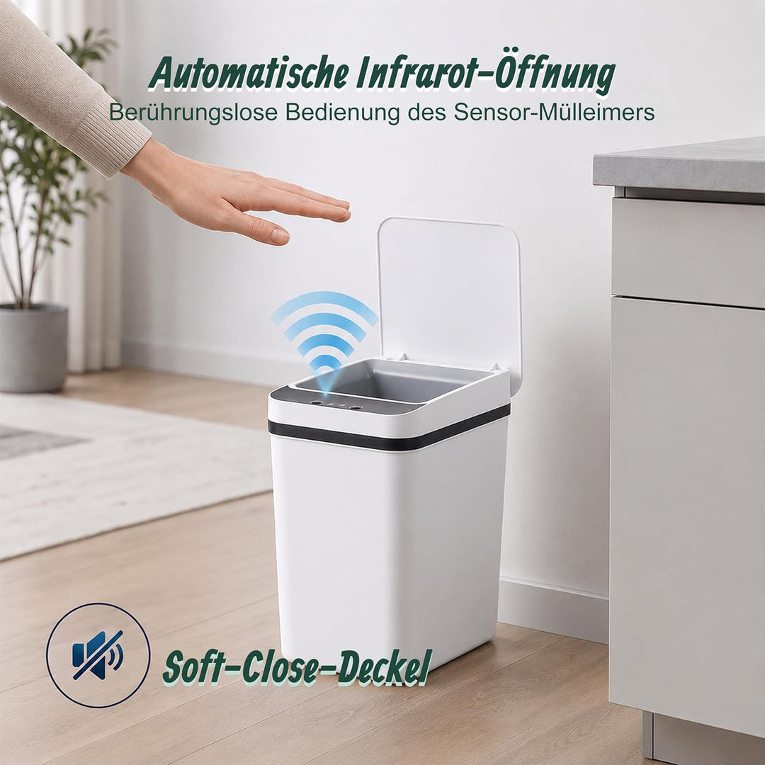 Relaxdays Mülleimer mit Sensor, 9 Liter, elektrischer Deckel, silber weiss, weiss