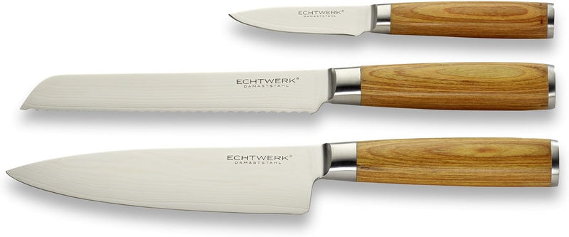 Echtwerk Damastmesser Set 3 teilig, Küchenmesser, Damaszener, Messer mit Holzgriff, Braun/Silber, 36