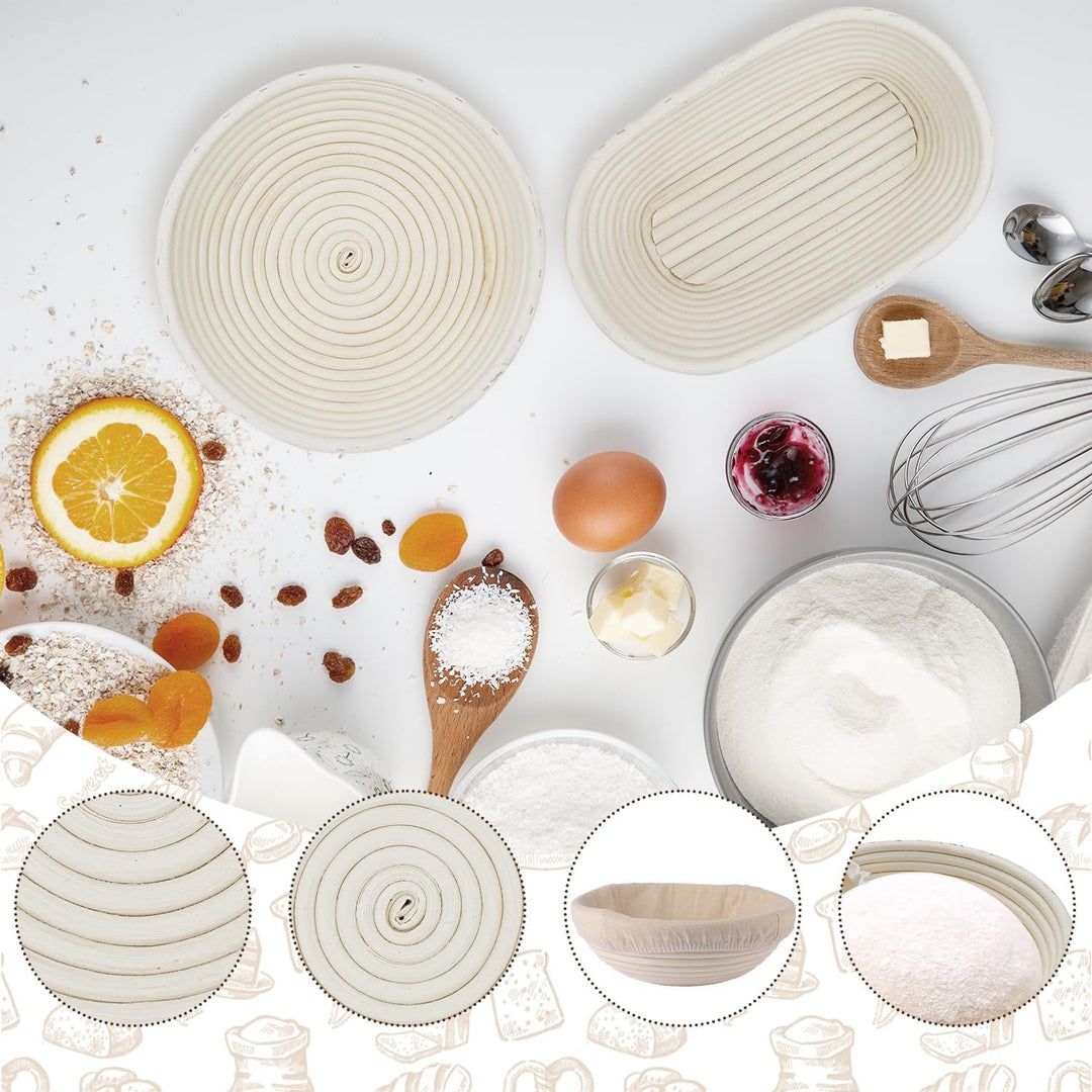 Brotbackset Kuchenkorb, Backkorb oval und rund, 25 cm und 23 cm, Auskleidung, dänischer Schneebesen,