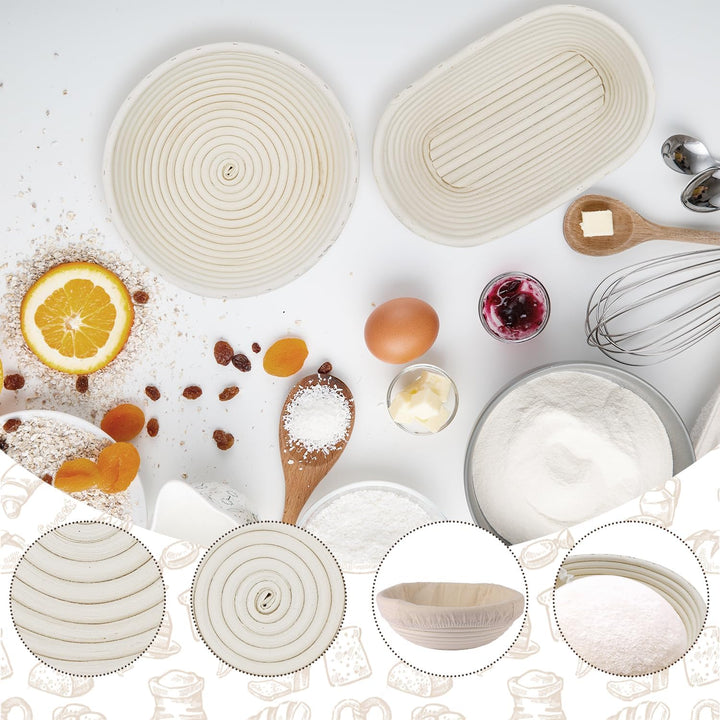 Brotbackset Kuchenkorb, Backkorb oval und rund, 25 cm und 23 cm, Auskleidung, dänischer Schneebesen,