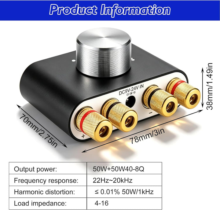 Mini Verstärker Bluetooth, 50Wx2 Digital Power Amplifier, Pro Stereo Verstärker, DC 12-24V Mini Digi