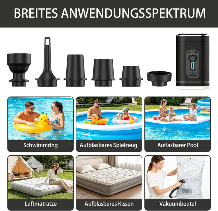 Elektrische Luftpumpe für Luftmatratze Klein Tragbare Elektrische Luftpumpe mit 6 Düsen 4000Pa 1200