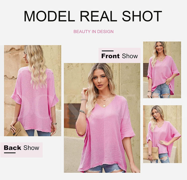Dokotoo Damen Bluse V-Ausschnitt Musselin Tunika Shirt Oberteil Sommer Kurzarm Locker Longshirt Tops