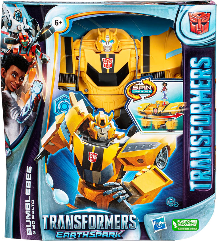 Transformers Spielzeug EarthSpark Spin Changer Bumblebee Action-Figur (20 cm) mit Mo Malto Figur (5