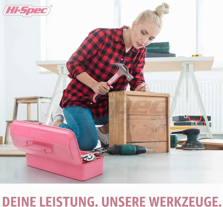 Hi-Spec Retro Pink Rosa Werkzeugkiste mit einer vielzahl von Pinken Werkzeugen die jede Frau braucht