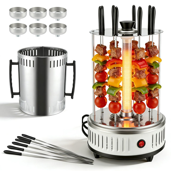 Vertikaler Elektrischer Grill, 1000W Elektrogrill Schaschlikgrill mit 6 Spiesse, Rotierende Grill fü