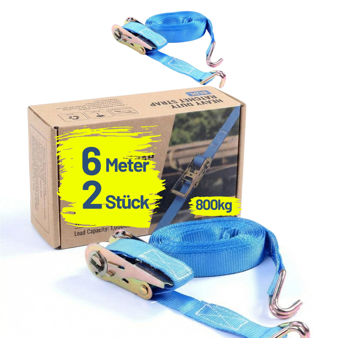2X Spanngurt Zurrgurt mit Haken 6 m bis 800 kg / 800 daN, zweiteilig 2-TLG Ratschengurt blau, 25 mm