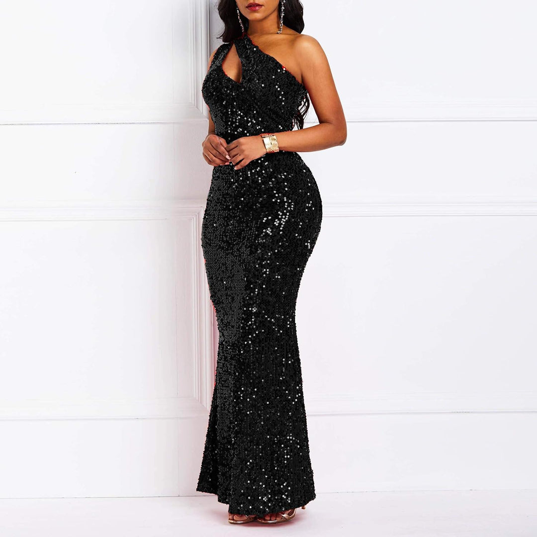 VERWIN Pailletten-Maxikleid für Damen, ärmellos, schräger Kragen, figurbetontes Kleid, Partykleid L