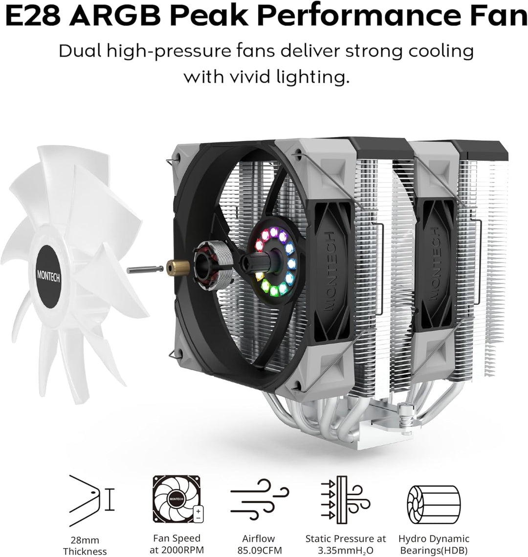 MONTECH NX600 ARGB Dual-Tower CPU-Luftkühler mit 6 Heatpipes und Premium-Oberabdeckung, 28 mm E28 AR