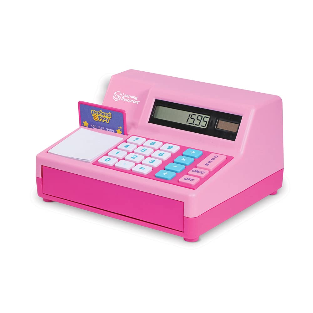 Learning Resources Kinderkasse mit Solartaschenrechner – Pretend & Play Registrierkasse Pink, robust