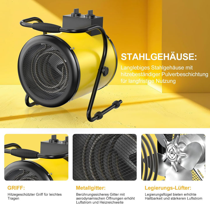 DAHTEC Industrie Heizgerät 3000 Watt Heizlüfter Grosse Räume mit Thermostat & 3 Heizstufen Bauheizer