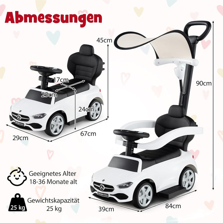 DREAMADE Rutschauto mit Schiebestange, 3 in 1 Rutschfahrzeug mit Horn, verstellbarem Sonnendach & St