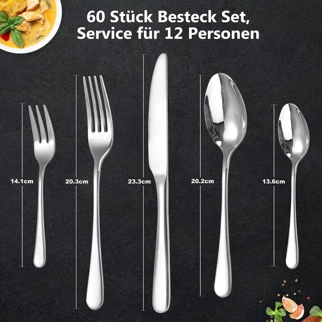 Besteck Set für 12 Personen, 60 teilig Bestecksets, Essbesteck Set inkl. Messer, Gabel, Löffel, Best
