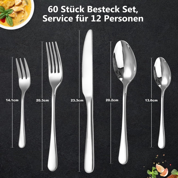 Besteck Set für 12 Personen, 60 teilig Bestecksets, Essbesteck Set inkl. Messer, Gabel, Löffel, Best