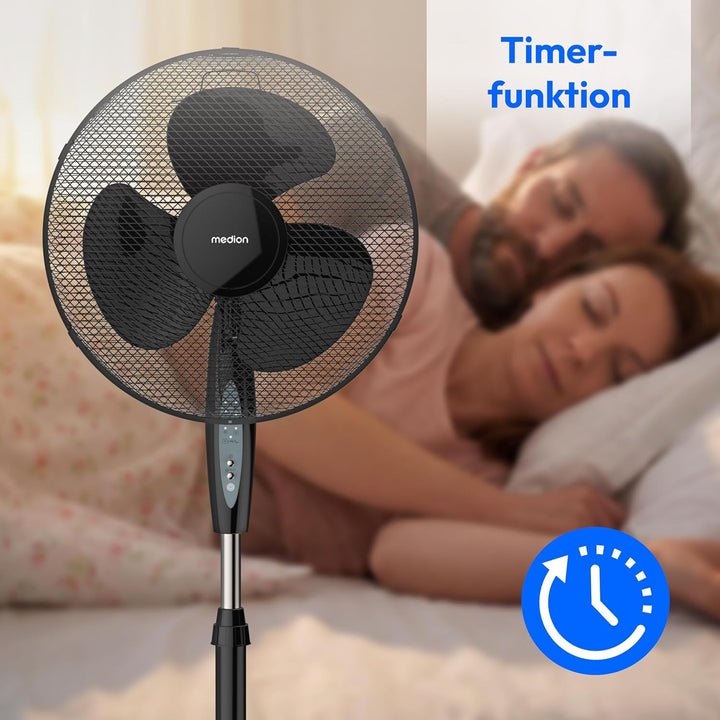 MEDION Standventilator mit Fernbedienung, drei Geschwindigkeitsstufen, 45 Watt Leistung, 36 cm, Schw