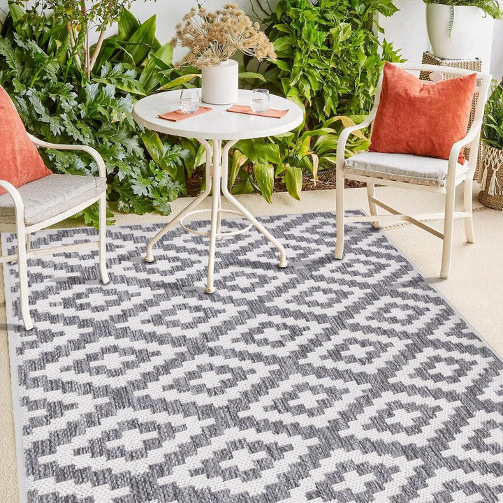 payé Outdoor Teppich Rund - 160x160cm - Wetterfest - Grau Weiss - Bordüre - Teppiche für Terrasse Ba