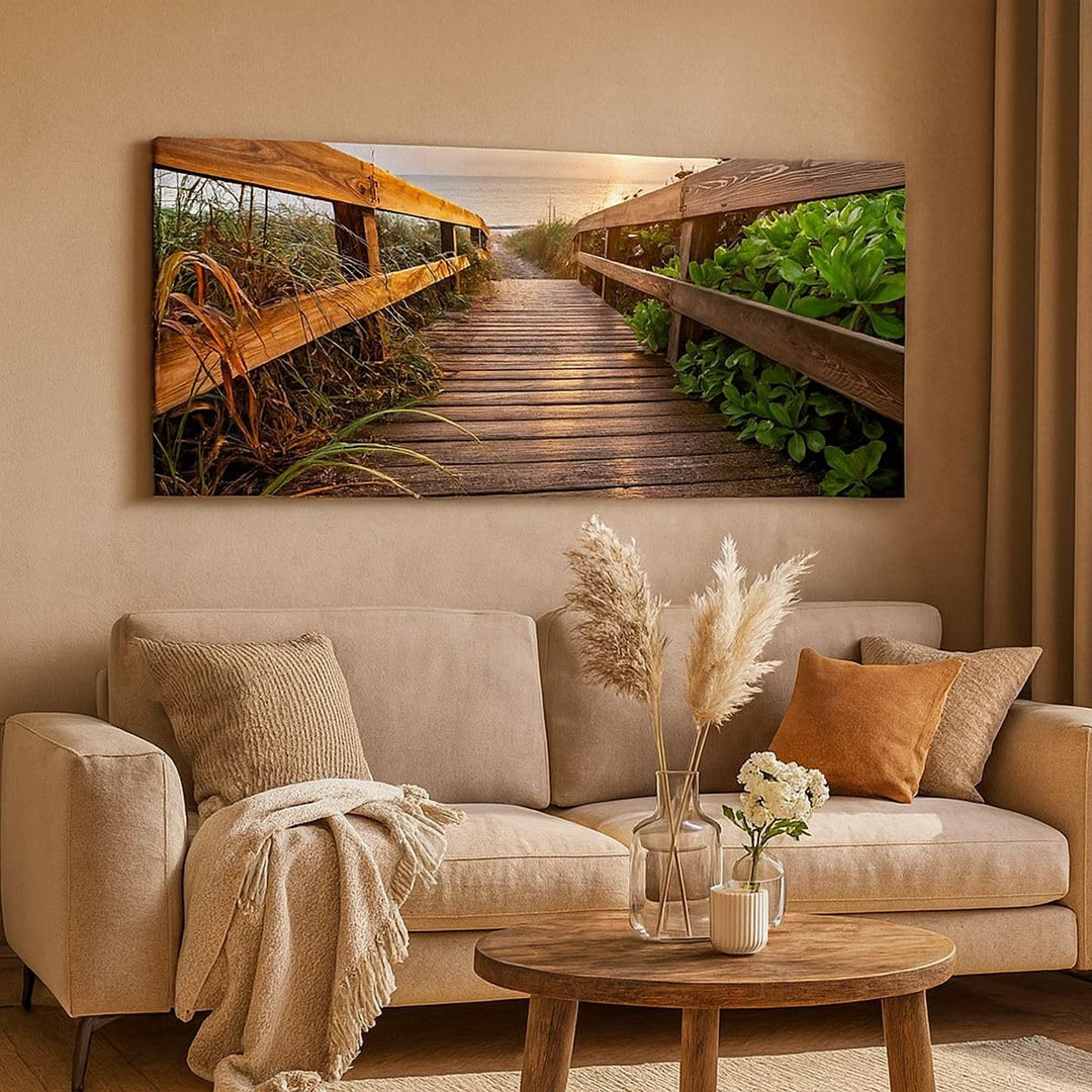 Wandbilder Dekoration Wohnzimmer Fussgängerbrücke Meer Strand Ufer Panorama Bilder auf Leinwand 120x