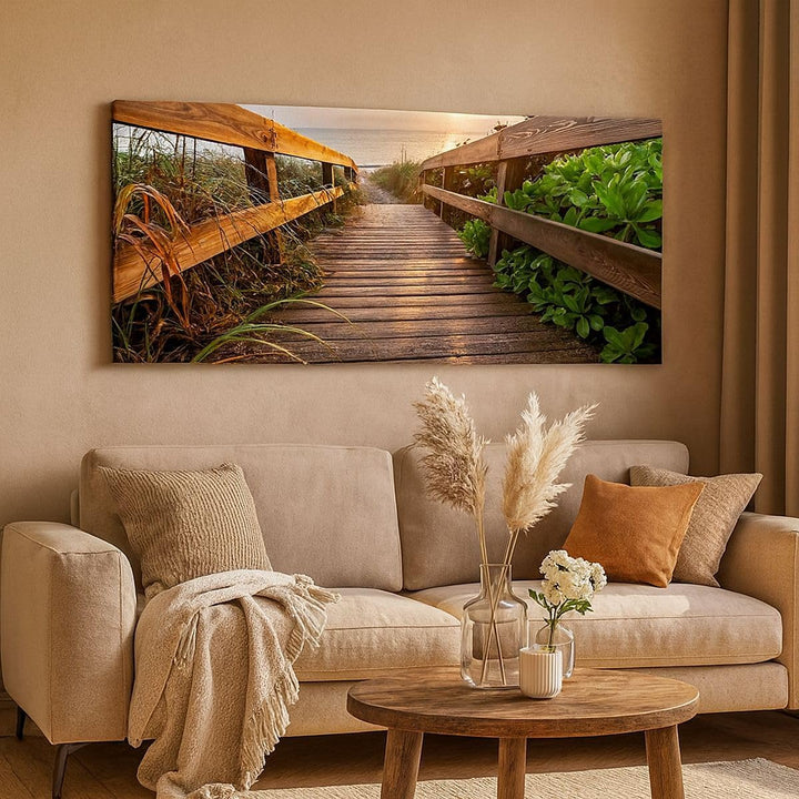 Wandbilder Dekoration Wohnzimmer Fussgängerbrücke Meer Strand Ufer Panorama Bilder auf Leinwand 120x
