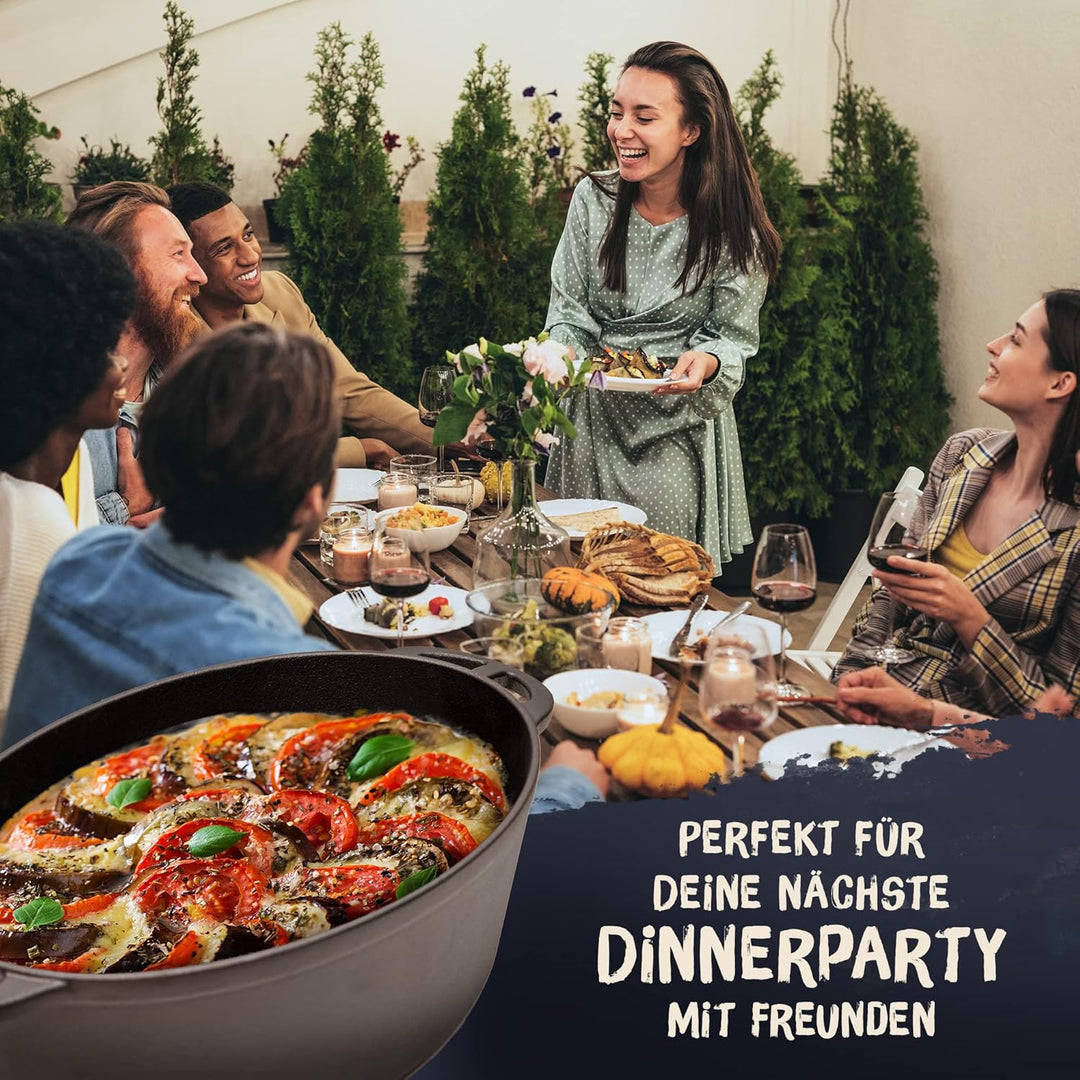 FLAVEMOTION Gusseisen Bräter mit Deckel als Grillpfanne (2in1) 35cm, 9,1L, 8,5kg - Topf, Schmortopf