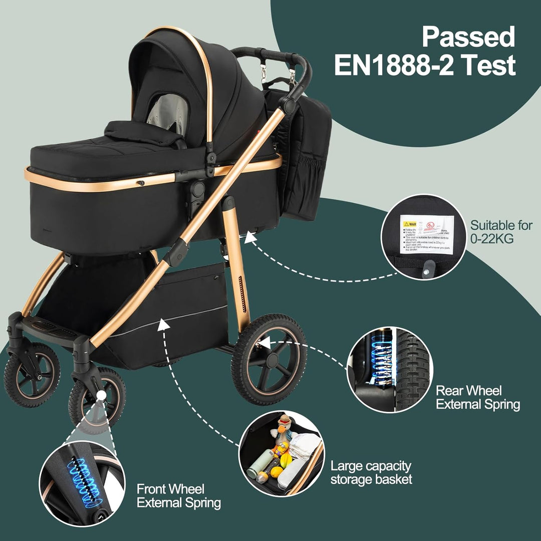 Kinderwagen 3 in 1 mit ISOFIX-Basis & Autositz, Reise Stroller, Kinderwagen & Buggys mit verstellbar