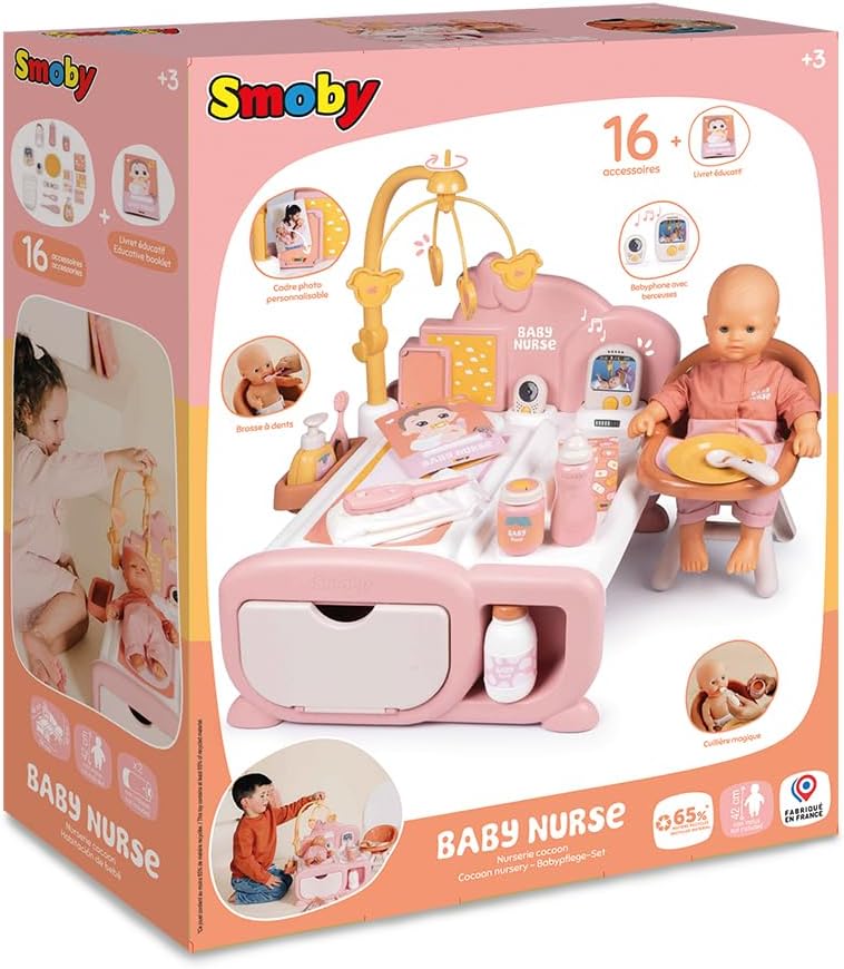 Smoby – Baby Nurse Cocoon 3-in-1 Puppenmöbel – Spielset mit Pflege-, Schlaf- & Essbereich – 16 Zubeh