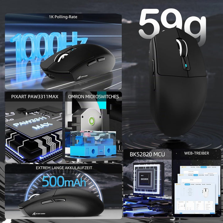 ATTACK SHARK G3PRO Kabellose Gaming-Maus mit Magnetischer Ladestation, PixArt PAW3311-Sensor, Bis zu