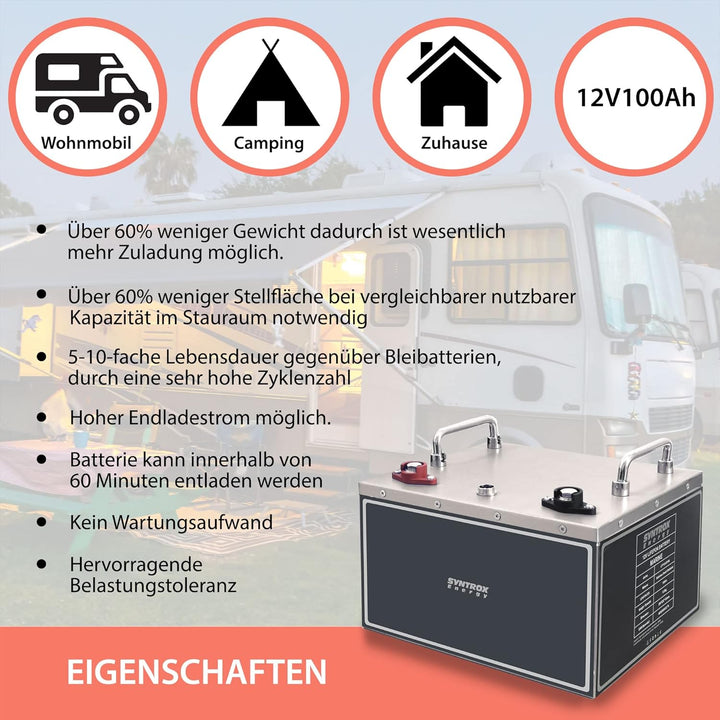 Syntrox Germany Energy Lithium LiFePO4 Wohnmobil Untersitz Batterie Akku 12,8V BMS mit Bluetooth 100