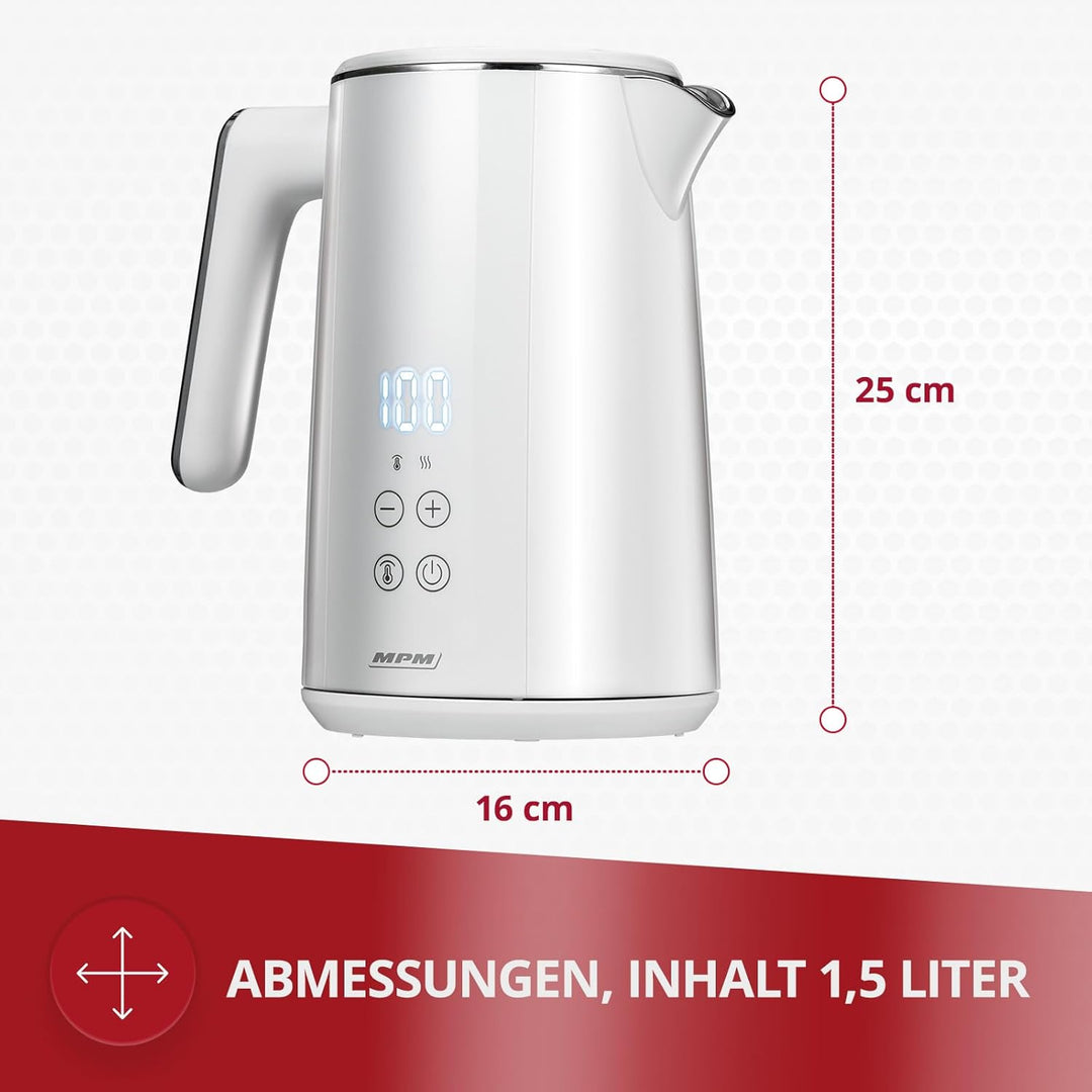 MPM MCZ-120 Wasserkocher 1,5L mit Doppelwand-Design, Temperaturregelung 40-100°C, Edelstahl-Innenbeh