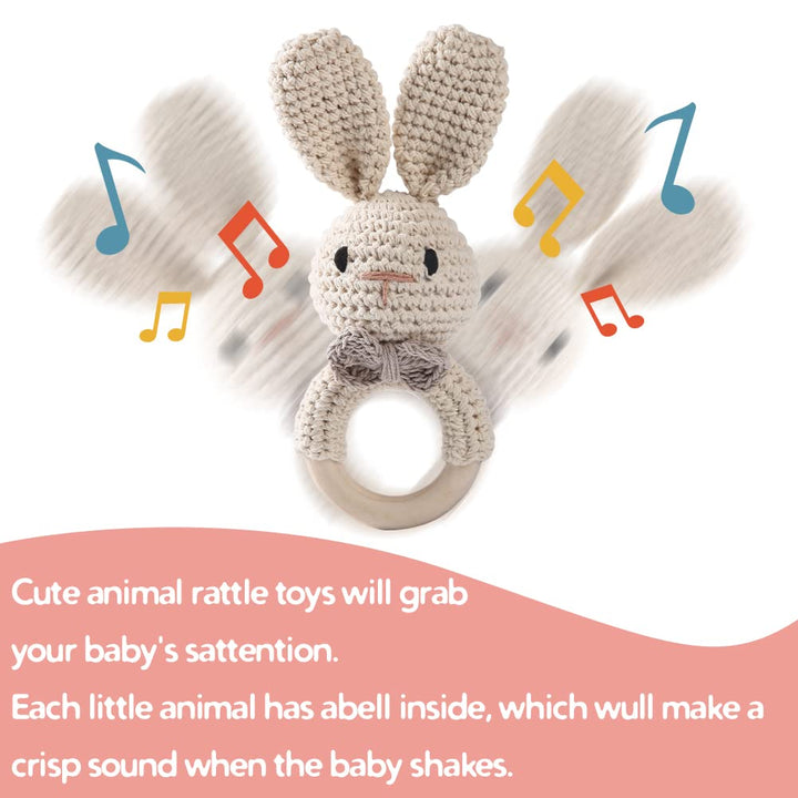 Youuys Babyrassel Gehäkelte Holz Häkeln Tiere Greifling Baby Holz Rassel Baby mit Sound Handmade Ras