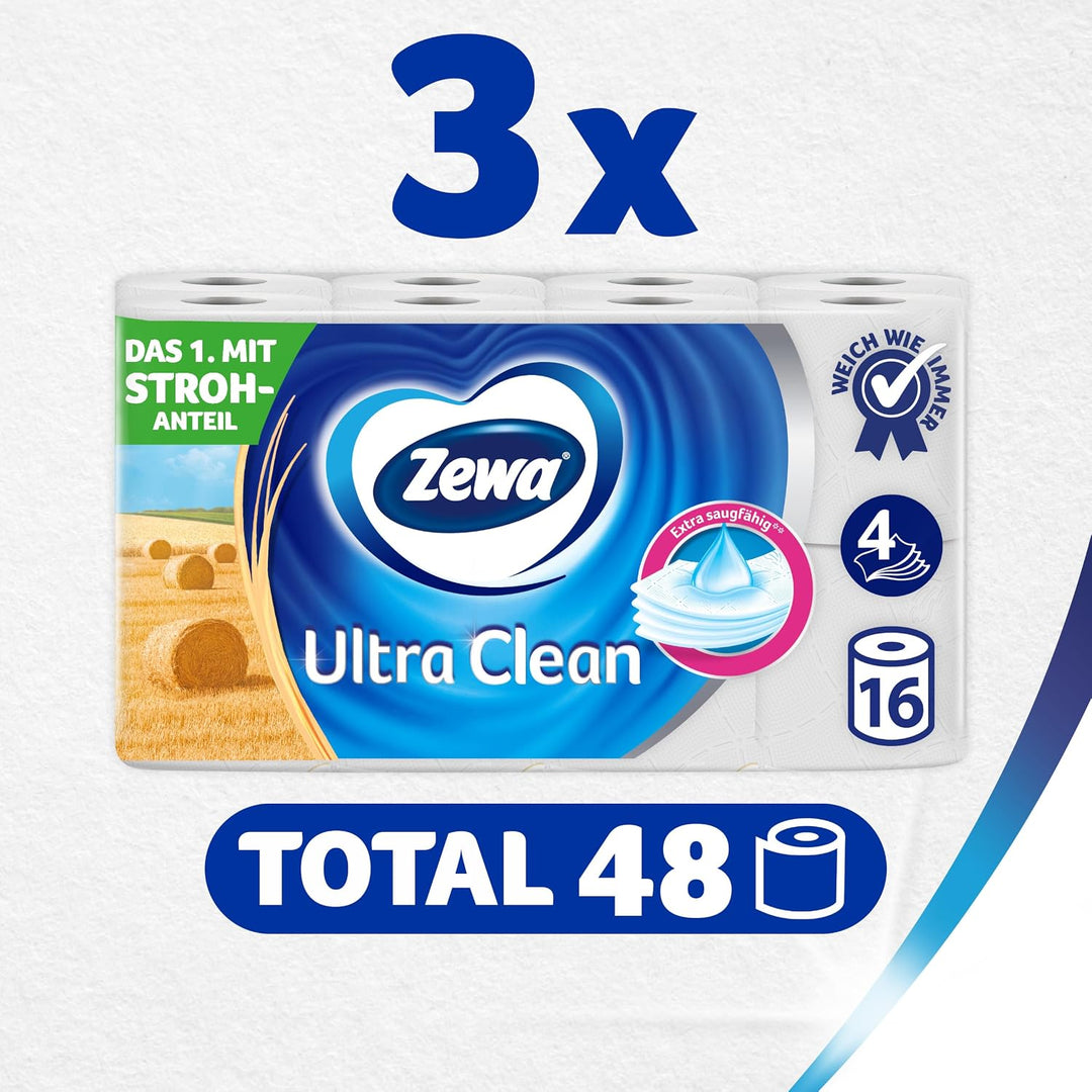 Zewa Toilettenpapier Ultra Clean 4-Lagig, Mega Pack, 3 Packungen (48 Rollen x 135 Blatt) Mehrfarbig