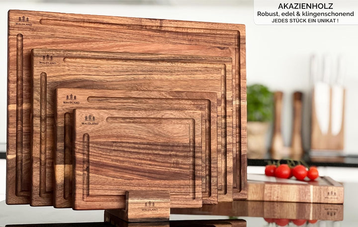 WALDLAND Premium Schneidebrett Holz 4er Set (40x30, 33x24, 27x18, 21x15) I inkl. Brettständer I Holz